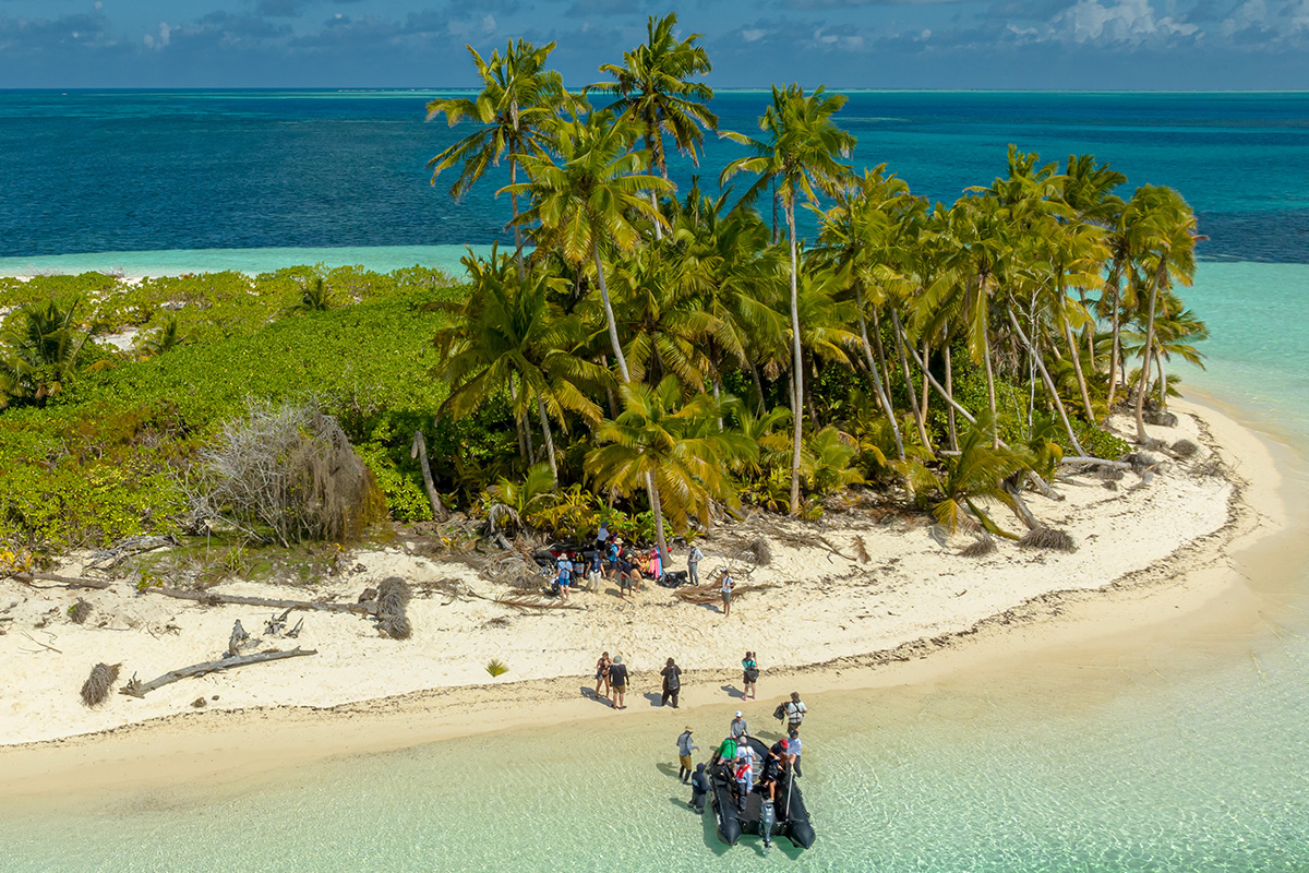 A Zodiac wet landing on a small remote island