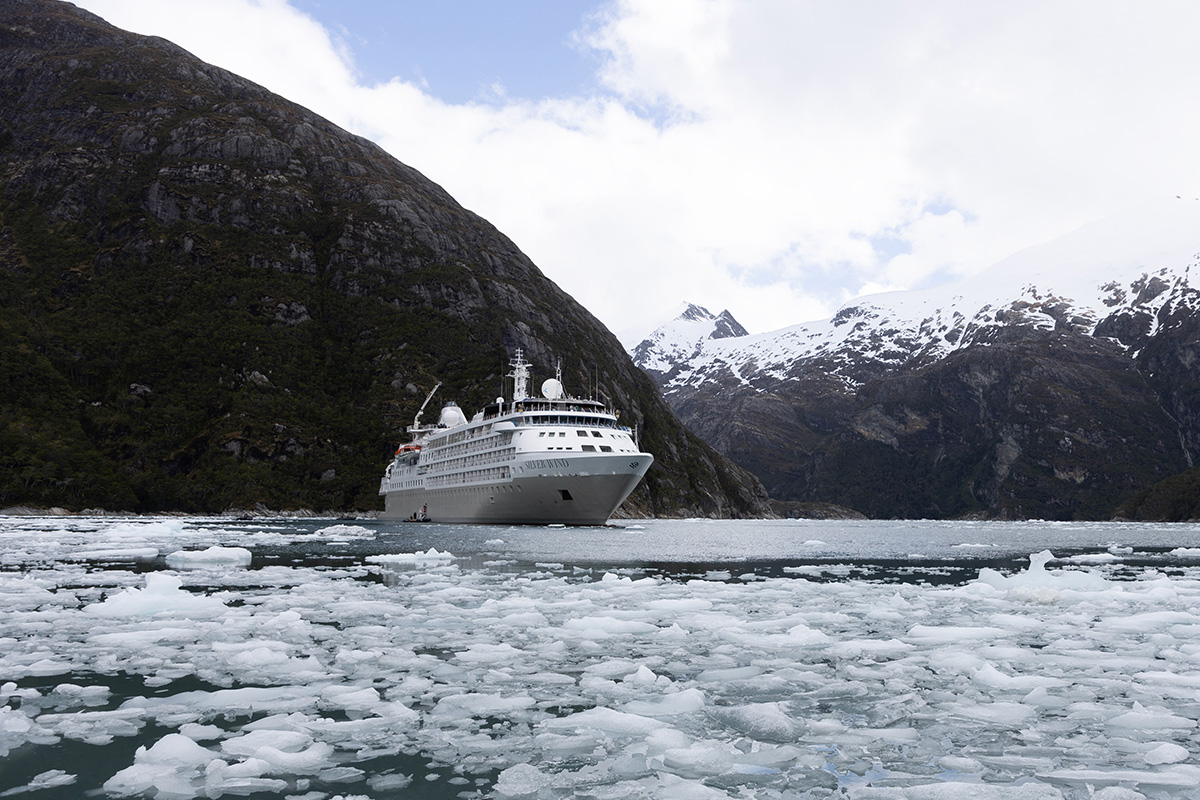 Silversea ship traversing sea ice in Chilean Patagonia