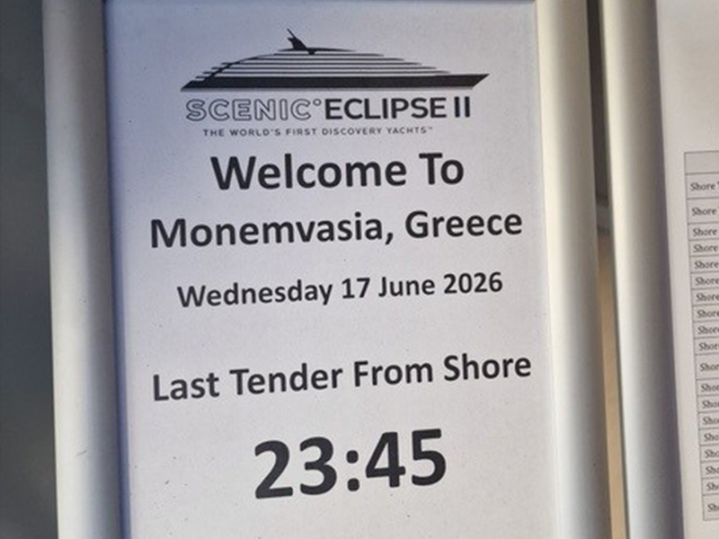 Poster detailing the last tender ashore time with Scenic Cruises in the Mediterranean