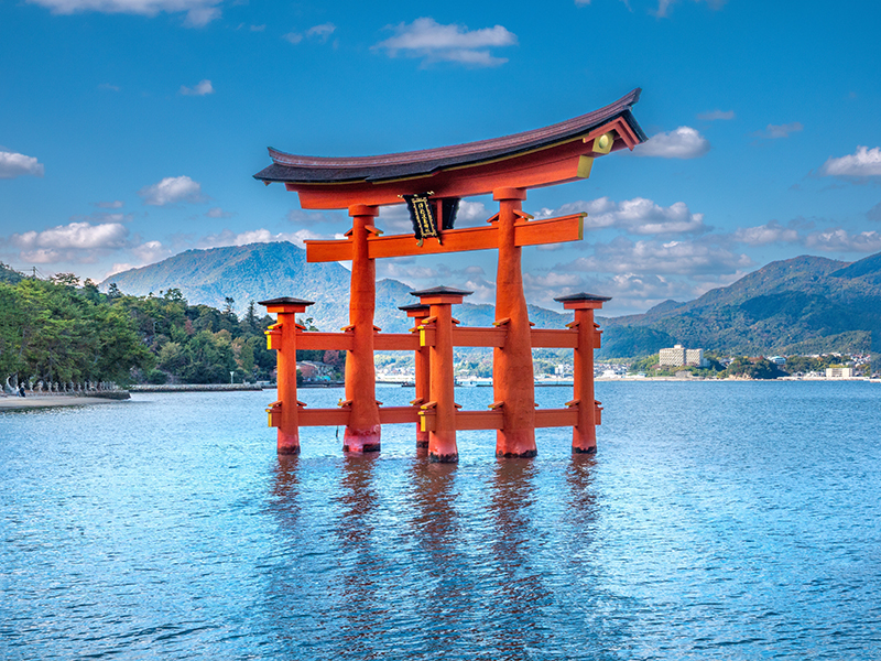High tide view of the "floating" torii gate at Itsukushima Shrine, Miyajima Island, Hiroshima Bay, Honshu, Japan