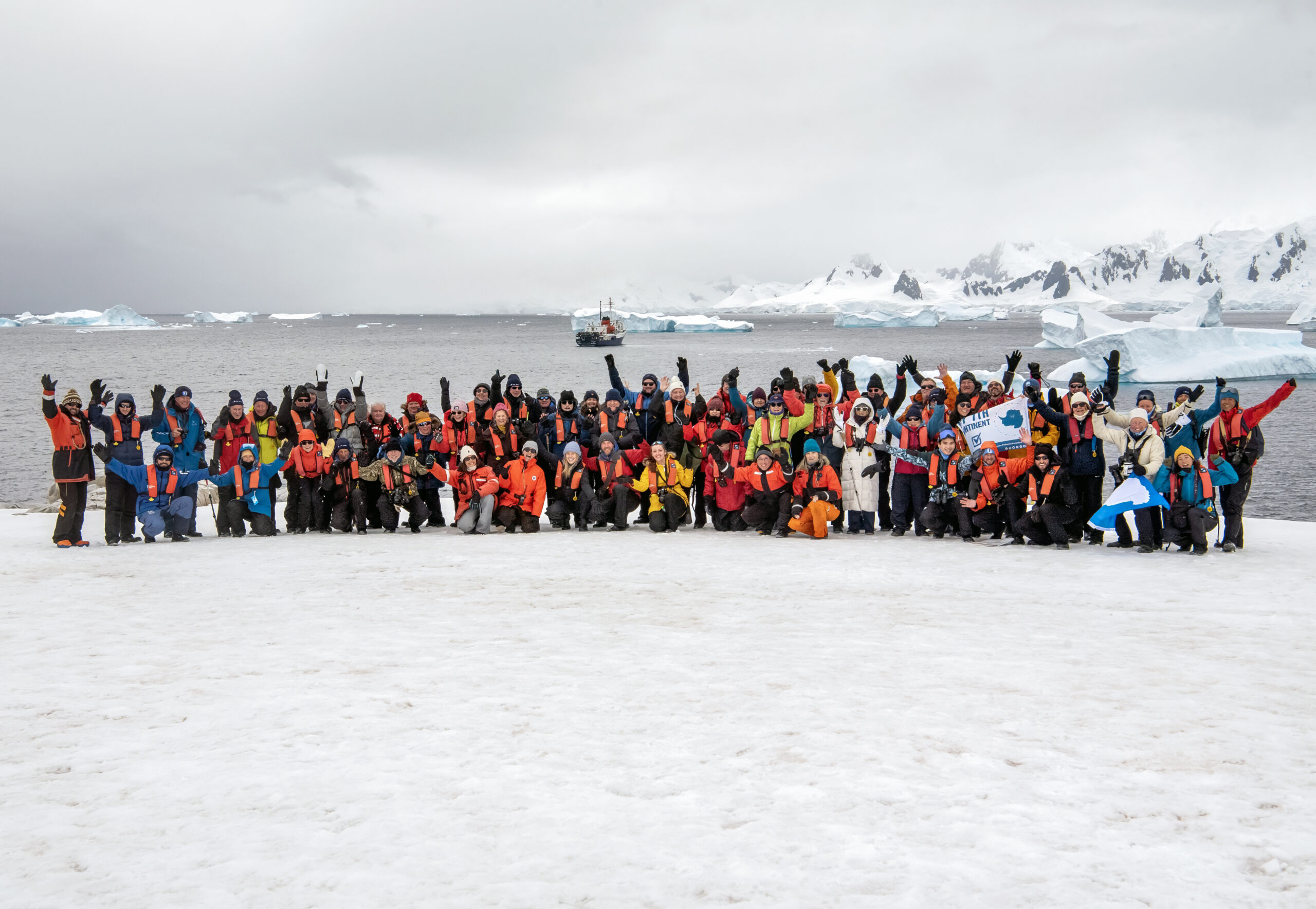 Expedition team and guests in Portal Point, Antarctica