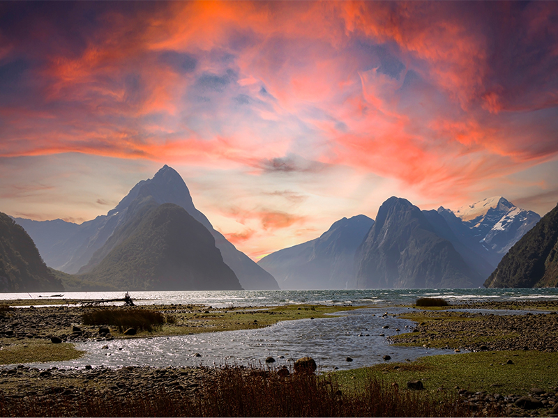 The sunset view with Mitre Peak, Milford Sound, New Zealand, Fiordland national park