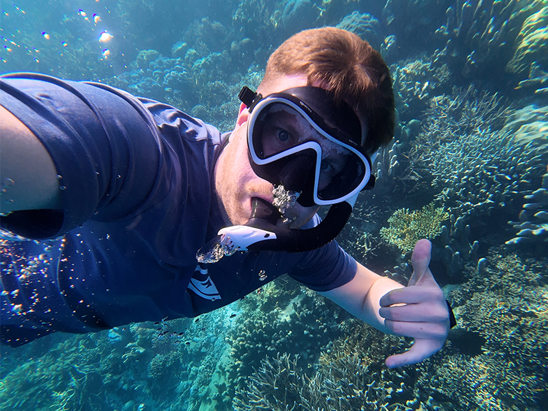 Charlie in snorkel gear underwater